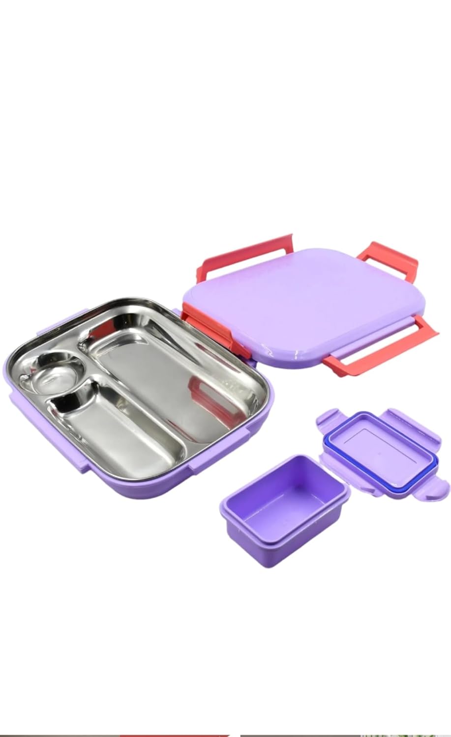 Stainless Steel 3 Compartment Lunch Box with Plastic Outer Body & Secure Lock