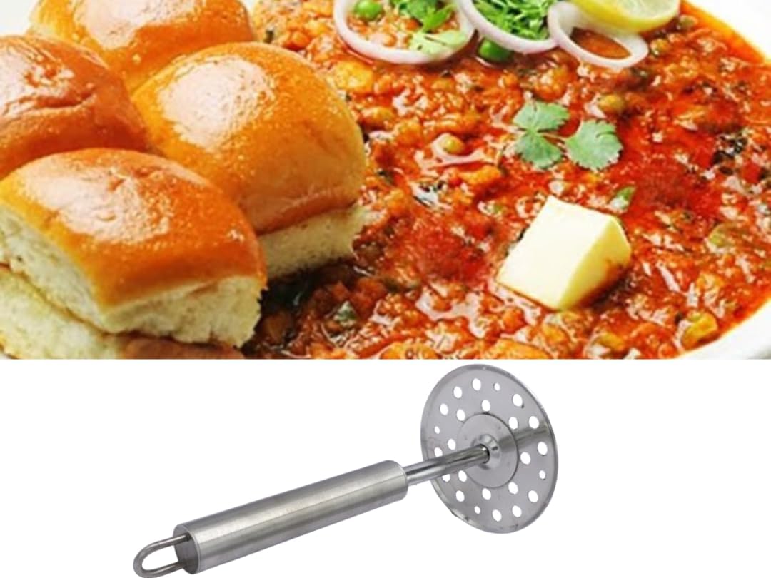 Stainless Steel Potato Masher for Kitchen Pav Bhaji Masher with Round Perforated Plate
