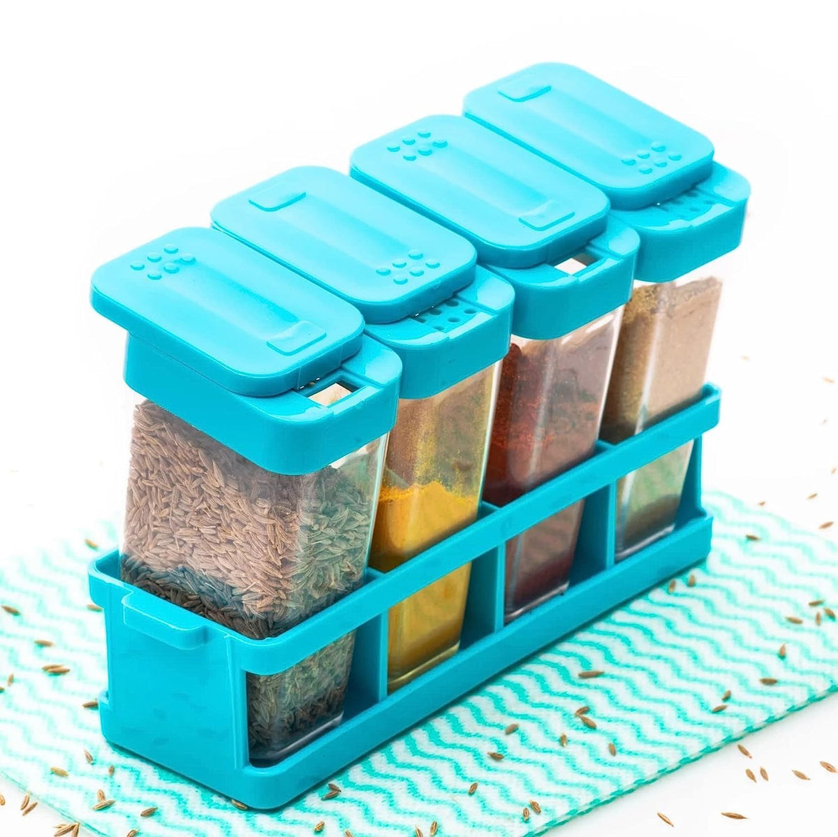 4 Spice Container Set with Rack, Turquoise Blue Shaker Lids and Stand