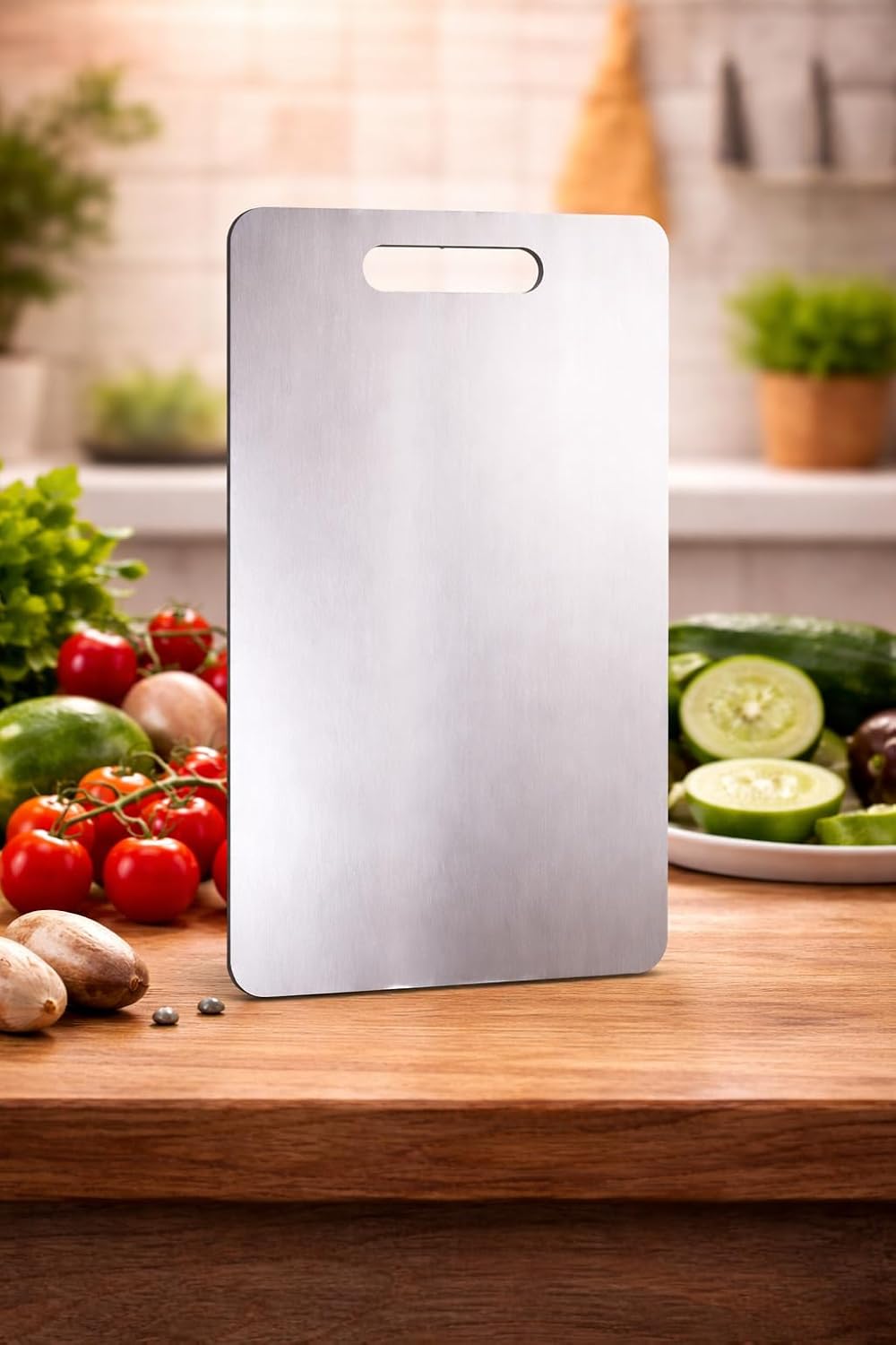 Stainless Steel Cutting Board with Handle, Silver, Rectangular Kitchen Chopping Board