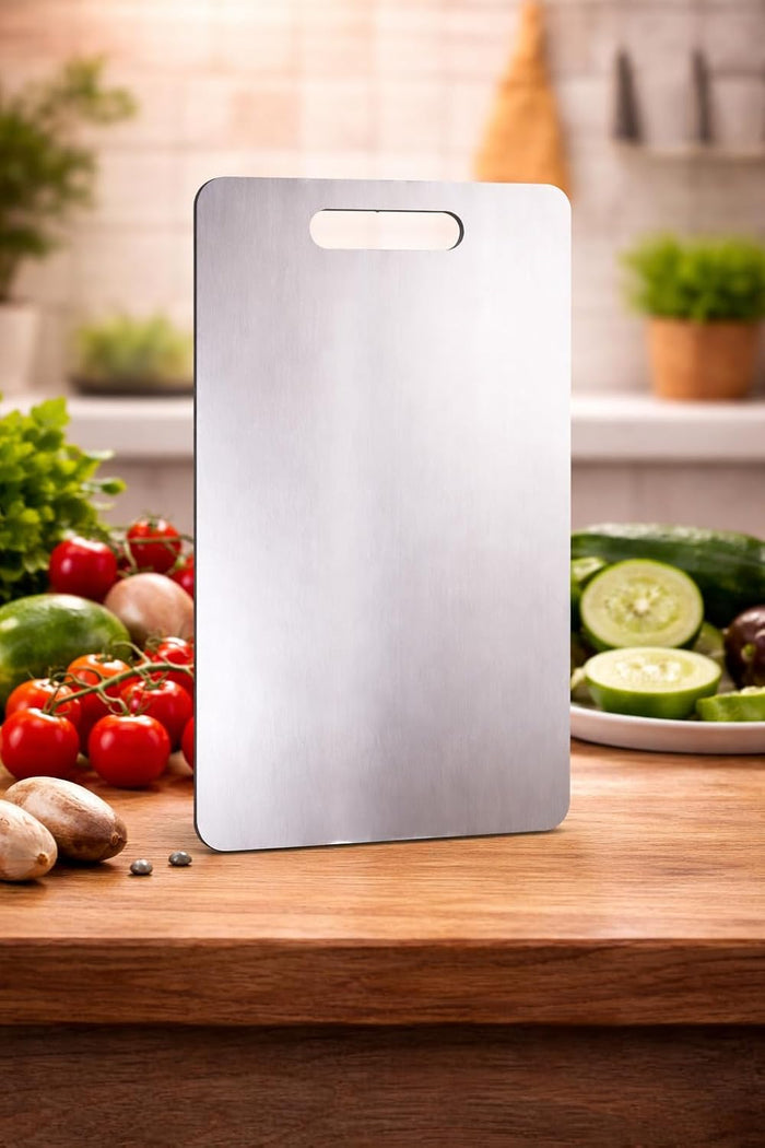 Stainless Steel Cutting Board with Handle, Silver, Rectangular Kitchen Chopping Board