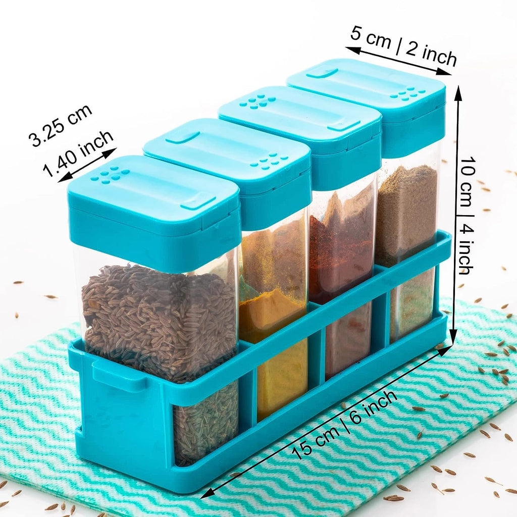 4 Spice Container Set with Rack, Turquoise Blue Shaker Lids and Stand