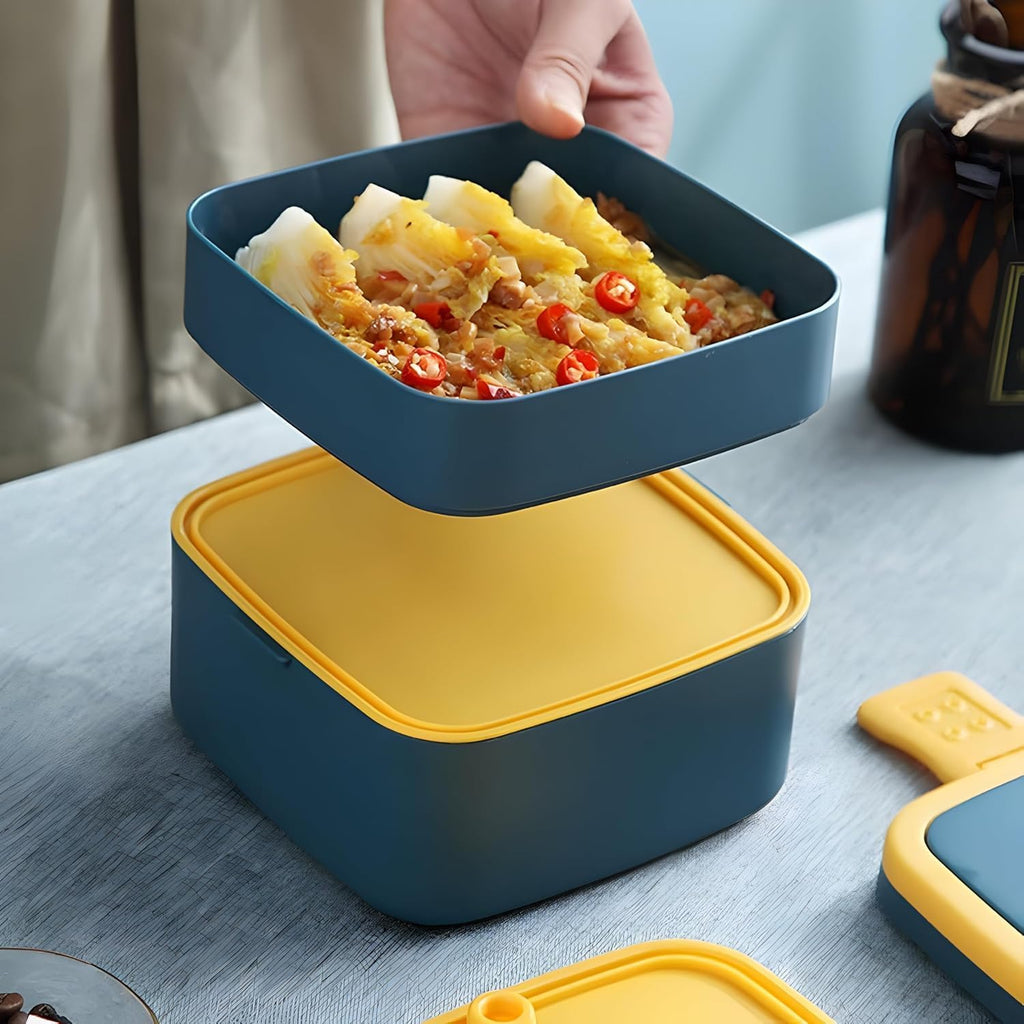 Double Layer Airtight Square Lunch Box with 2 Compartment, Handle & Push Lock