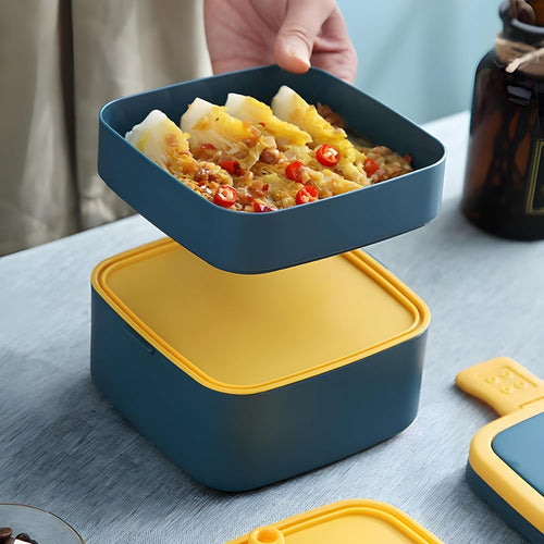 Double Layer Airtight Square Lunch Box with 2 Compartment, Handle & Push Lock
