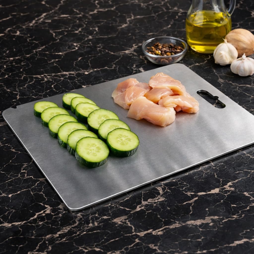 Stainless Steel Cutting Board with Handle, Silver, Rectangular Kitchen Chopping Board