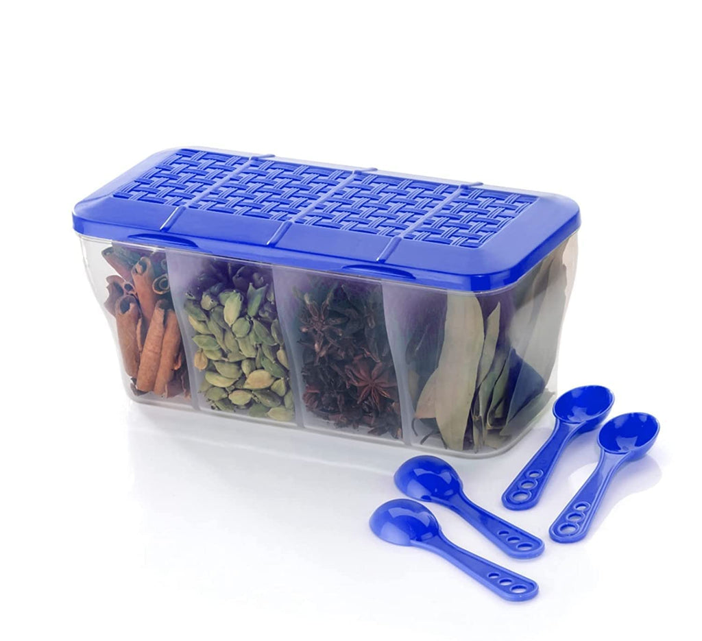 Multipurpose Plastic Spice Storage Container Box with 4 Compartments and Spoons
