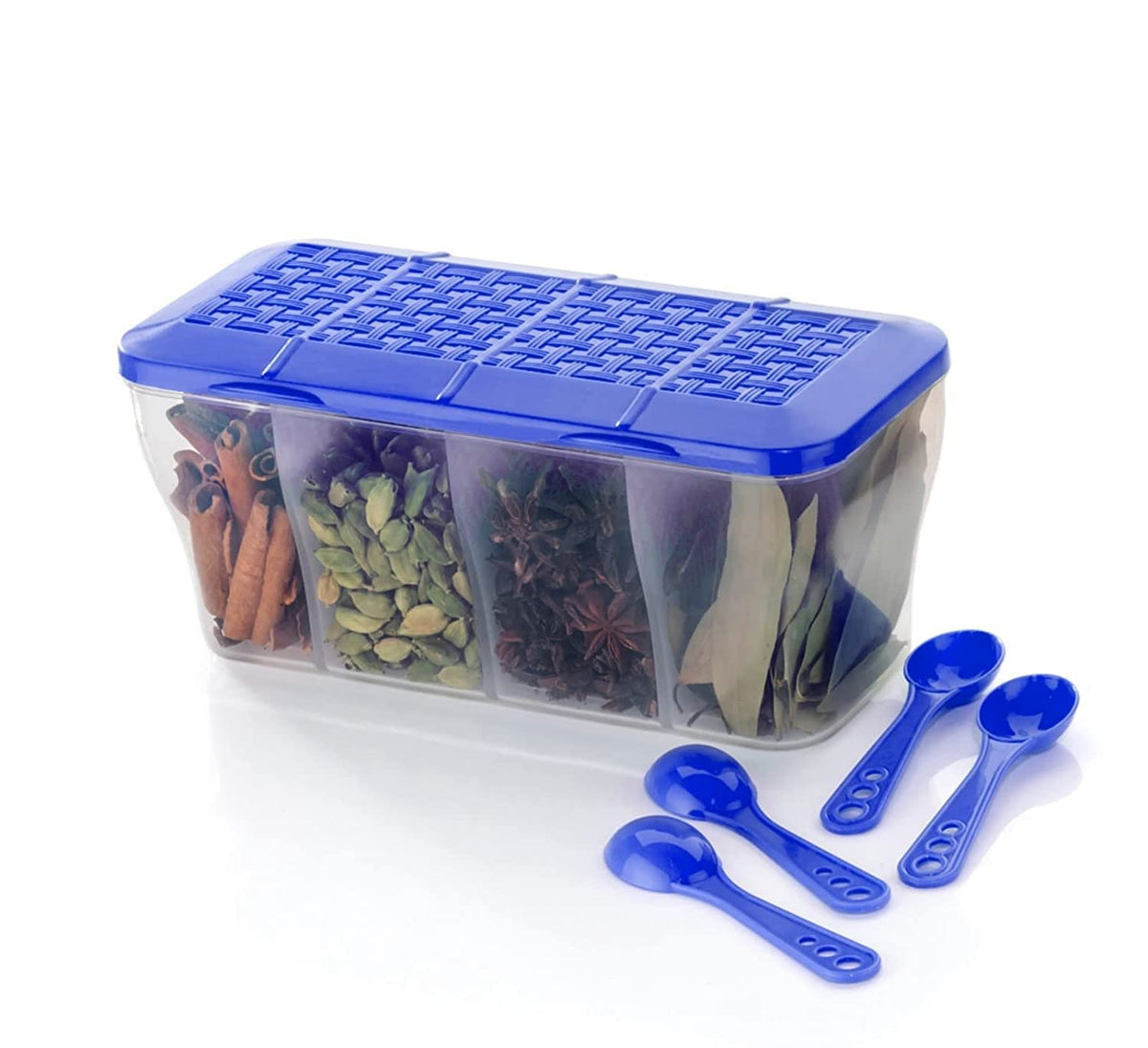 Multipurpose Plastic Spice Storage Container Box with 4 Compartments and Spoons