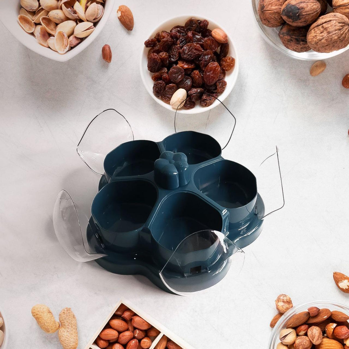 Dry Fruit Storage Box With Easy Open Lid - Lotus Design 5 Compartment Snack Container