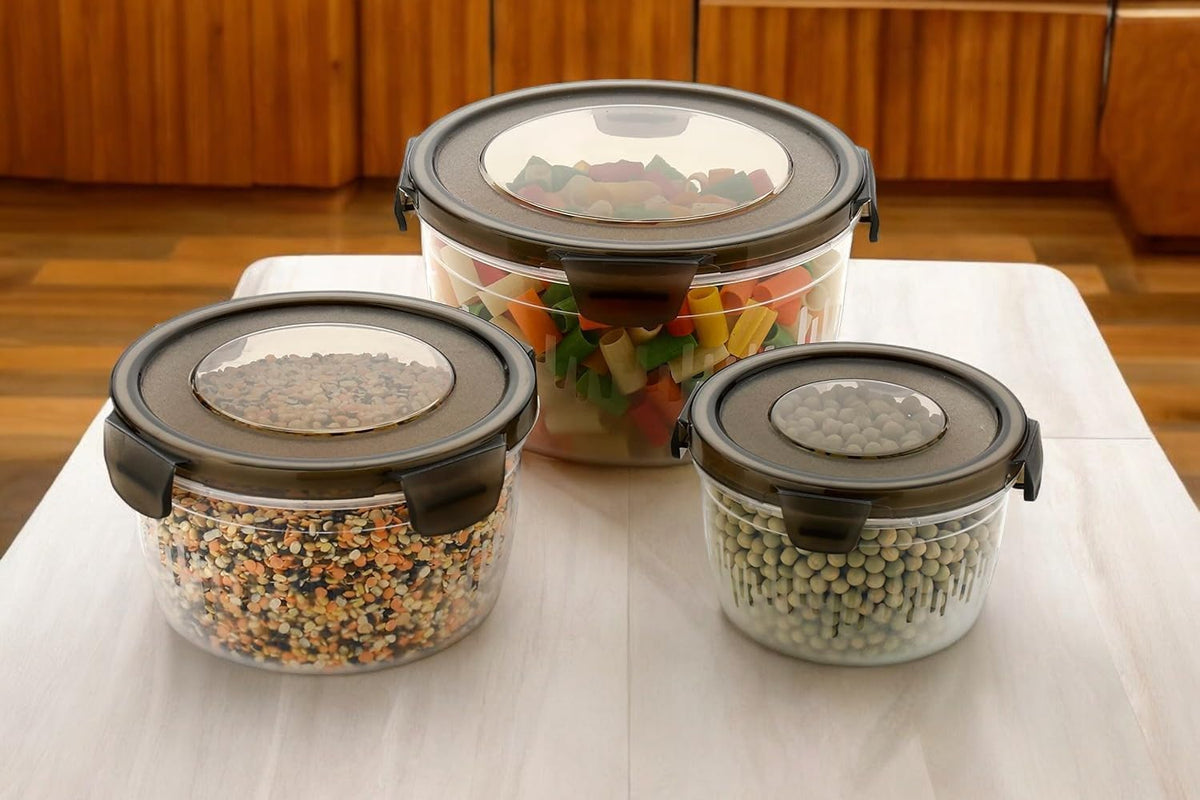 3 Piece Airtight Storage Container | Round Food Container Box With Tick Tock Lid