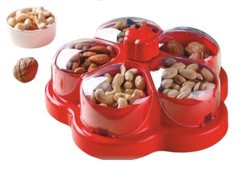 Dry Fruit Storage Box With Easy Open Lid - Lotus Design 5 Compartment Snack Container