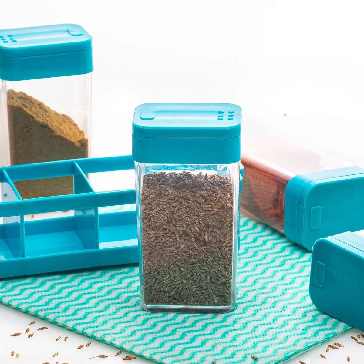 4 Spice Container Set with Rack, Turquoise Blue Shaker Lids and Stand