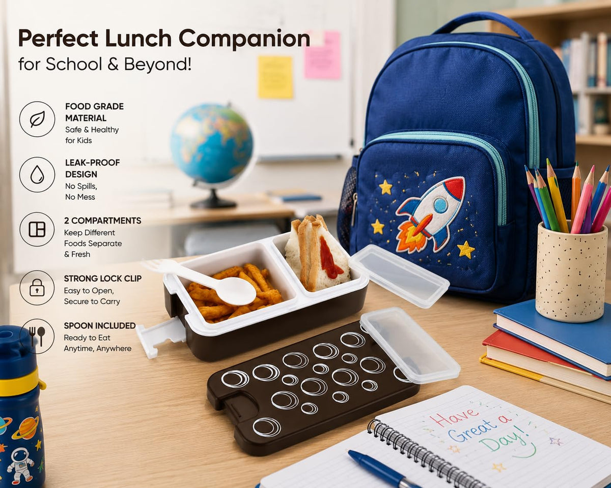 Plastic Lunch Box with 2 Compartments, Airtight Food Container for School & Office Meals