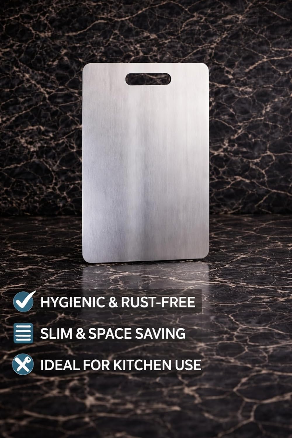 Stainless Steel Cutting Board with Handle, Silver, Rectangular Kitchen Chopping Board