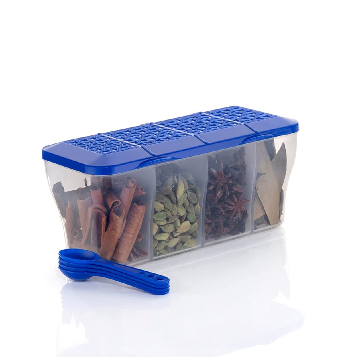 Multipurpose Plastic Spice Storage Container Box with 4 Compartments and Spoons