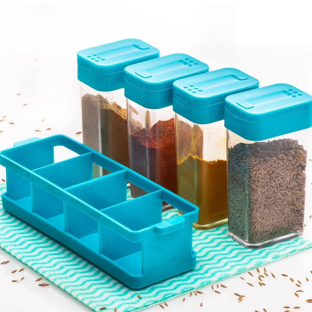 4 Spice Container Set with Rack, Turquoise Blue Shaker Lids and Stand