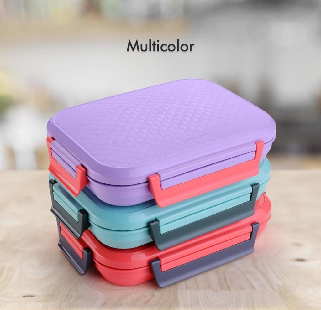 Stainless Steel 3 Compartment Lunch Box with Plastic Outer Body & Secure Lock