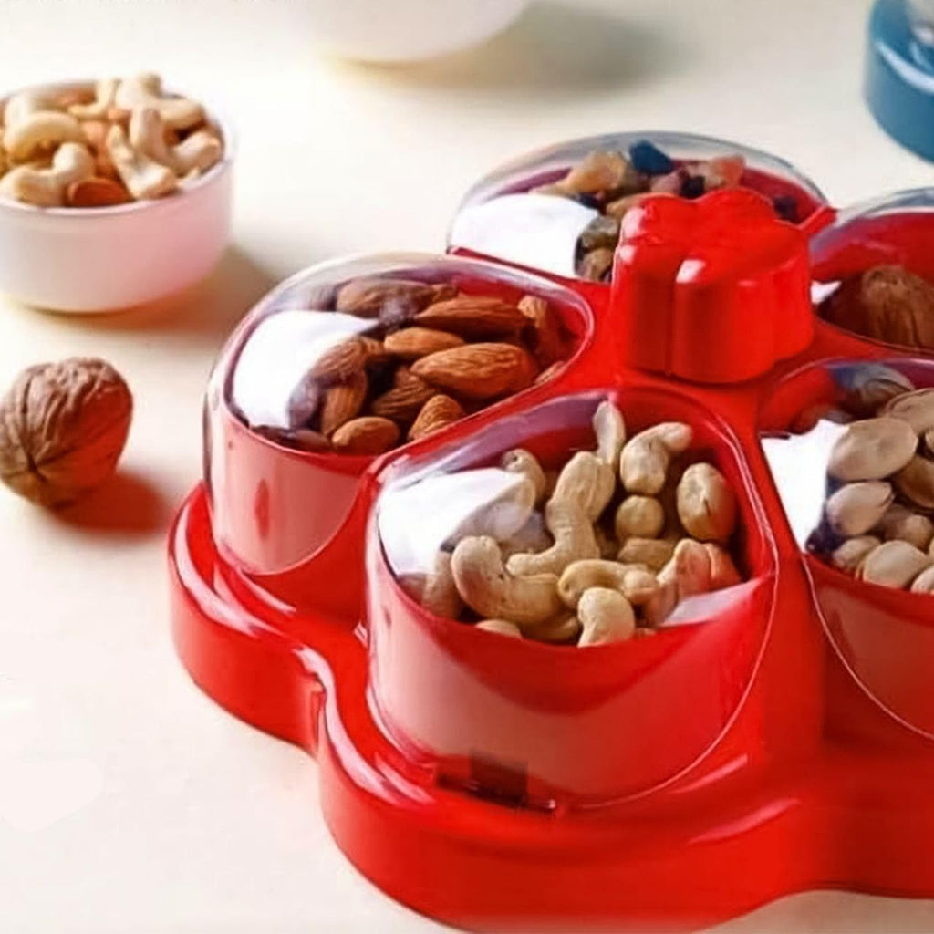 Dry Fruit Storage Box With Easy Open Lid - Lotus Design 5 Compartment Snack Container
