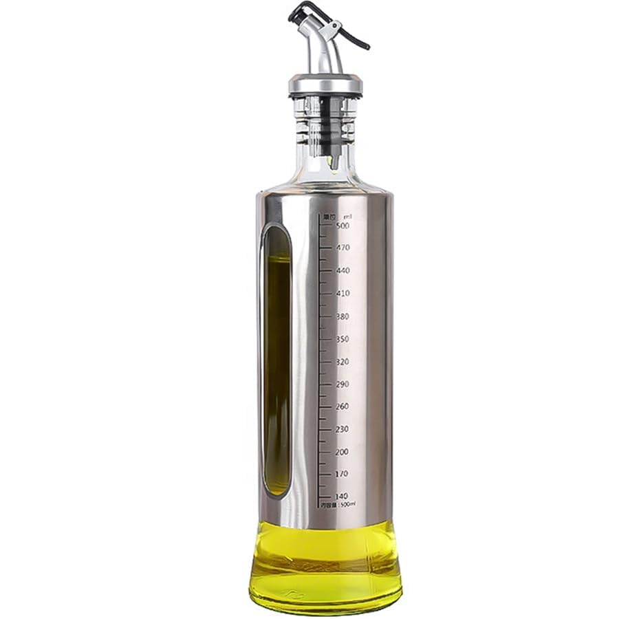 Glass Oil Dispenser Bottle, 500ml | Measuring Scale, Leak-Proof Auto Flip