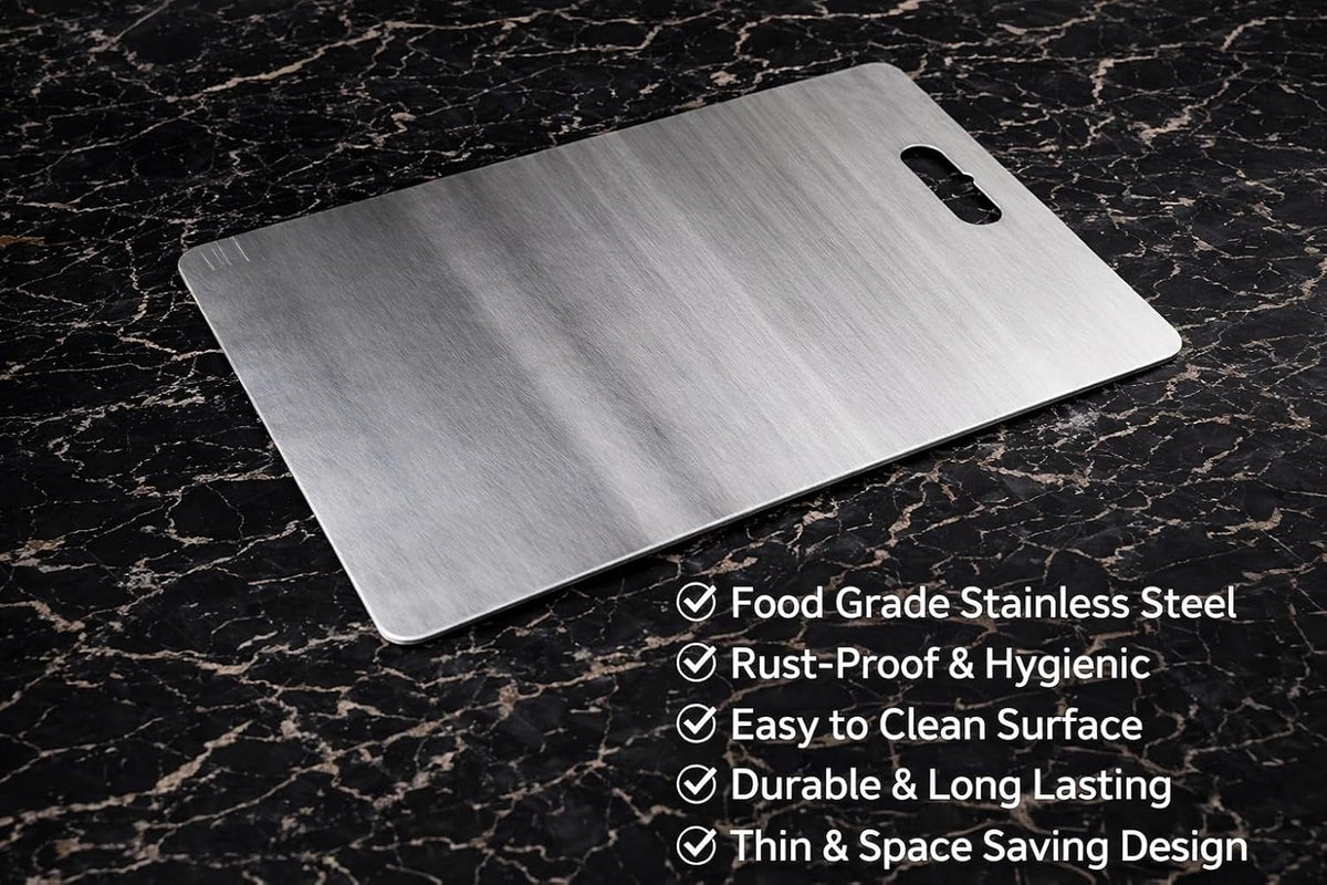 Stainless Steel Cutting Board with Handle, Silver, Rectangular Kitchen Chopping Board