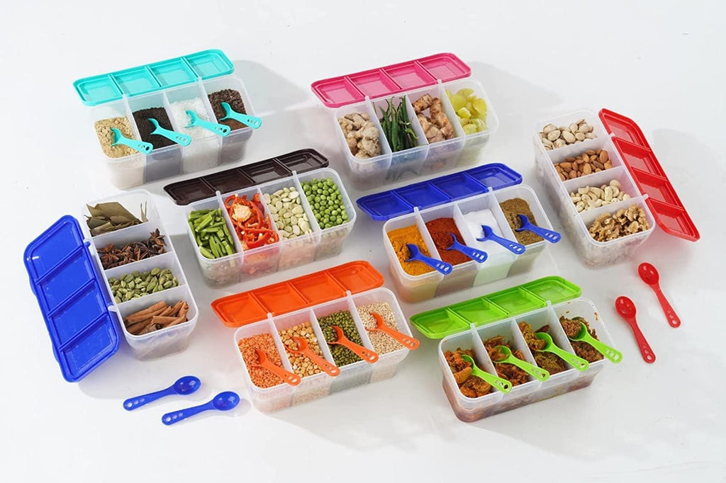 Multipurpose Plastic Spice Storage Container Box with 4 Compartments and Spoons